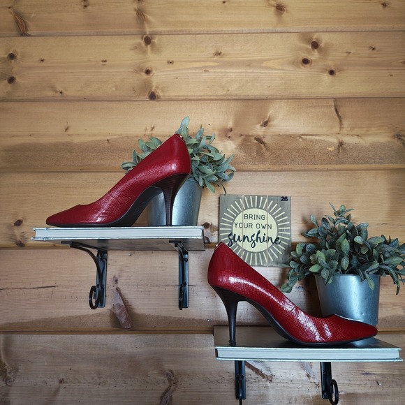 Michael Kors Flex Mid Pump Red Texture Emboss Patent Leather Heels Point Toe 9 M - Picture 4 of 10